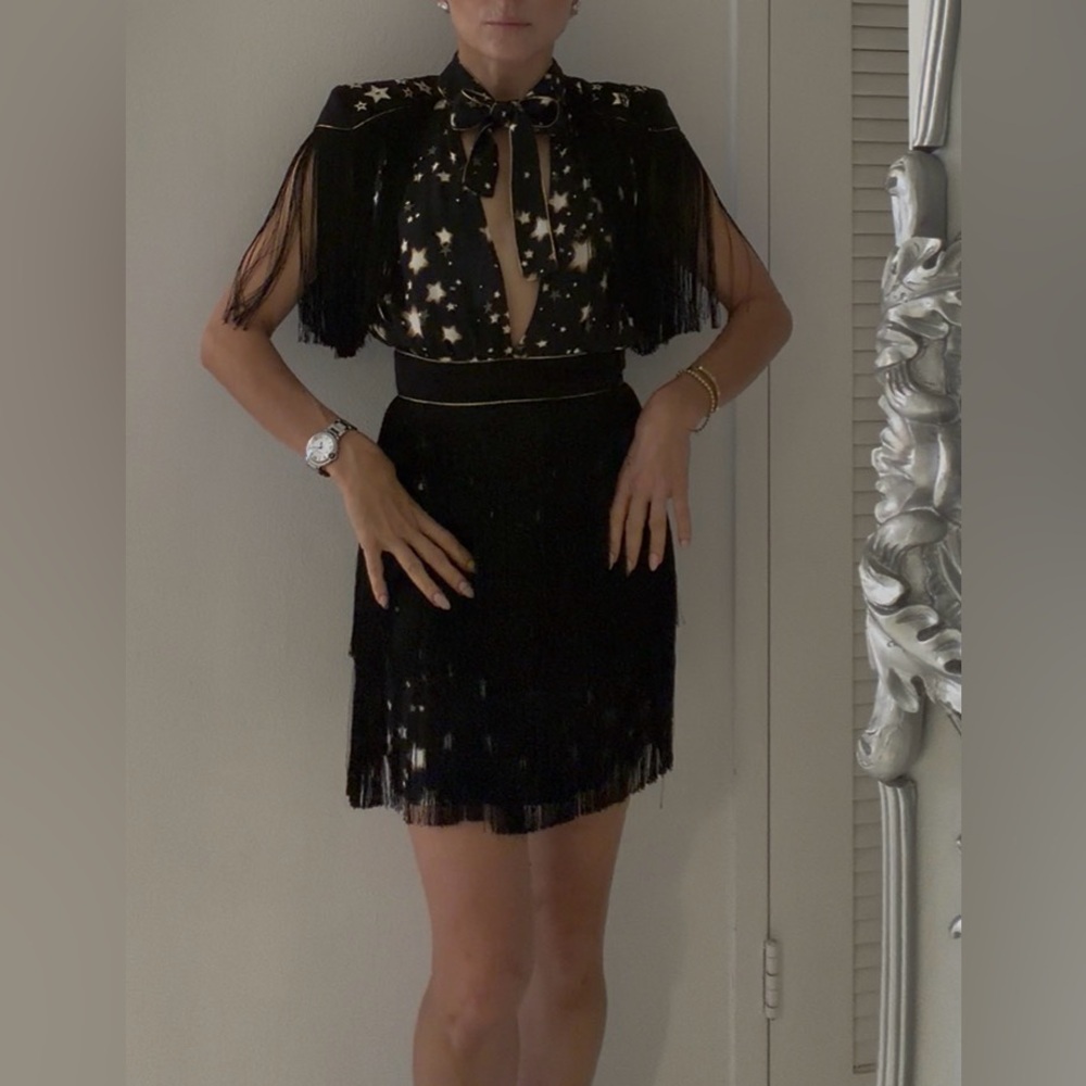 Chic Black Starry Mini Dress with Fringe